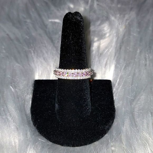 925 Sterling Silver Pink Stones Ring Band, US 8 - Picture 2 of 2